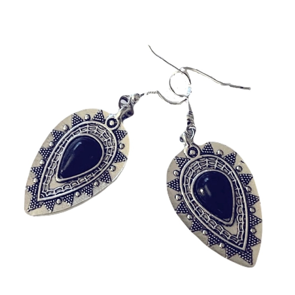 New S925 Sterling Silver Artisan Natural Polished Black Onyx Tibetan Earrings - Picture 2 of 13
